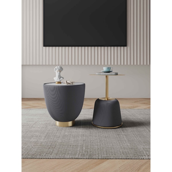 Manhattan Comfort Round End Table 1.0 and End Table 2.0 Set of 2, 18.43 in L, Stainless Steel, Grey 2-AT03-GY - main